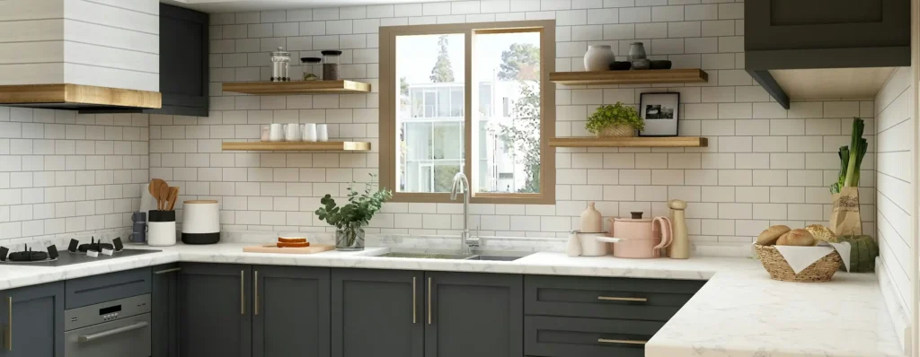 Rendered kitchen with white brick tile backsplash, open timber shelves and window above the sink