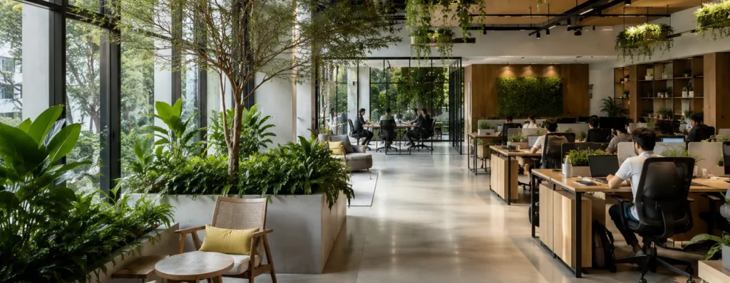 Rendered open office with large indoor plants, glazed wall, timber desks and seated staff