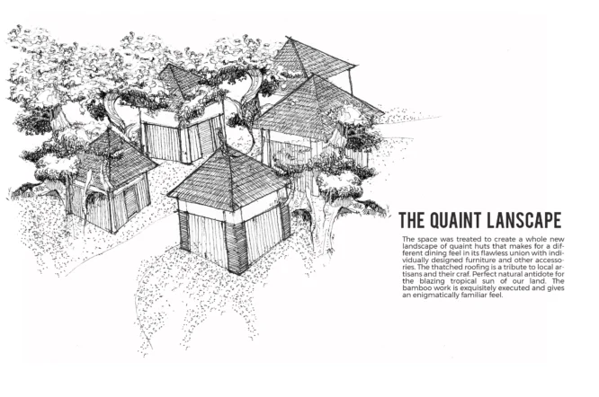 Pen sketch of thatched bamboo dining huts among trees with a text note on the quaint landscape, Kudils Restaurant